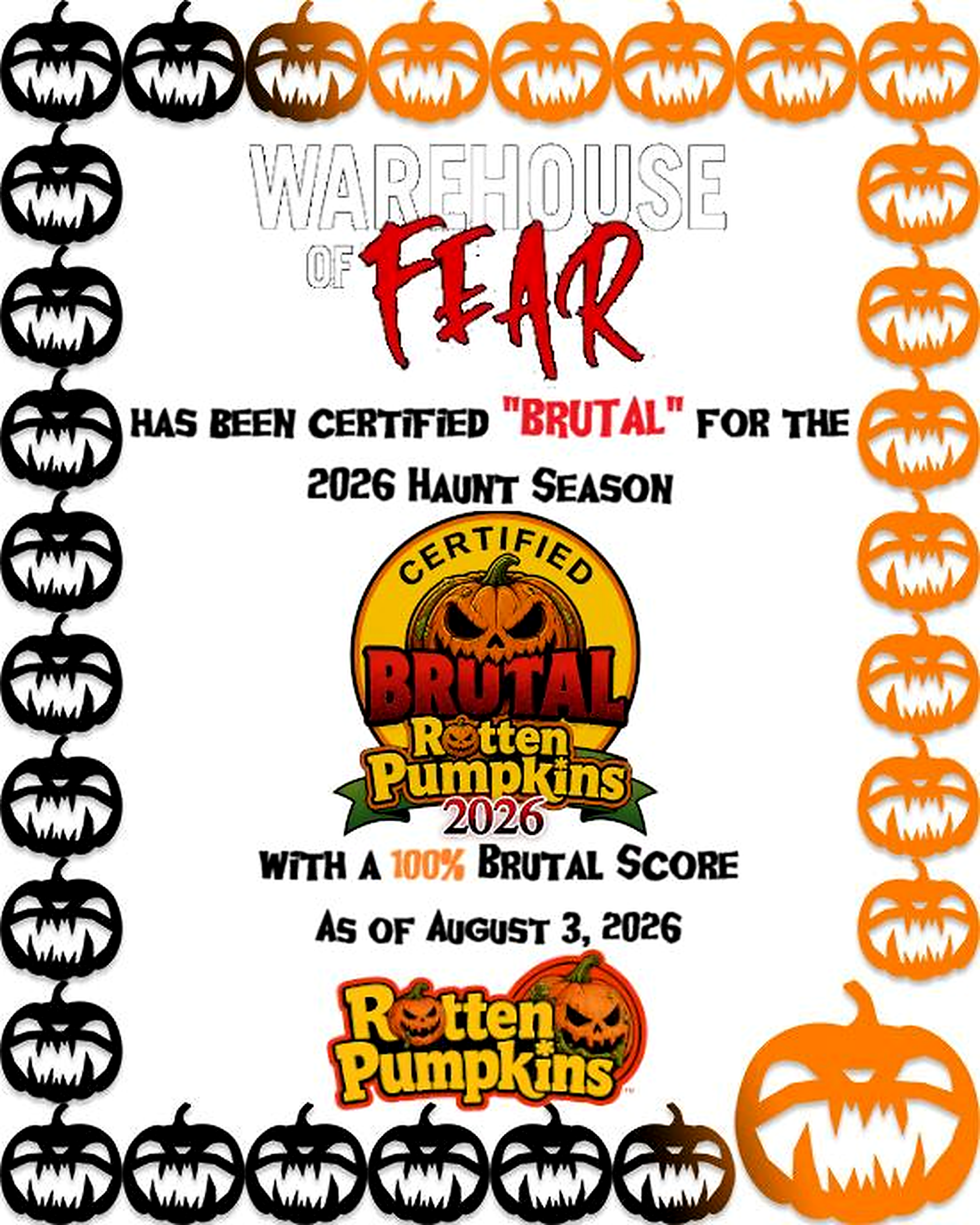 Warehouse of Fear 2026 Rotten Pumpkins Brutal Certification